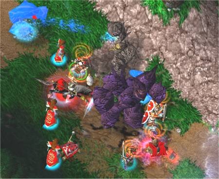 Red fights golems.