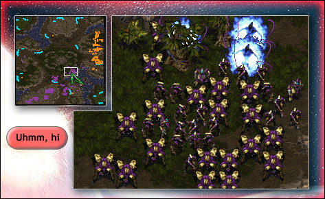 Grrr tries to mislead the opponent by hiding over 40 units behind one of the temple walls.