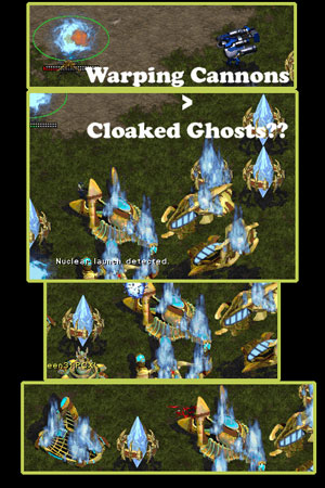 This picture shows a little ghost, trying to call in a nuke, when suddenly, two photon cannons finish their warping procedure.
