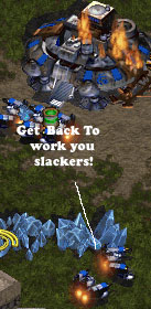 The scv in this picture is humorously pictured as saying 'Get back to work you slackers.'  The comedy comes from knowing how ridiculous this situation is.  Everyone knows that scvs can't talk.