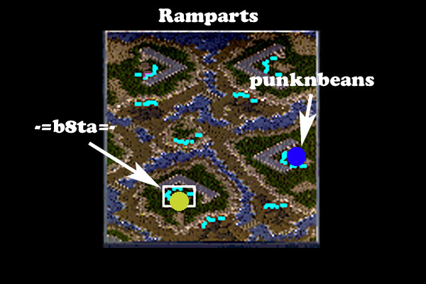 For those that don't know the map, its most notable features are the high walls present behind each starting position, the naturals covered by the cliff, and the one additional expansion site on an island in the center.  Movement on the ground is limited to clockwise and counterclockwise directions, with four bridges acting as choke points.