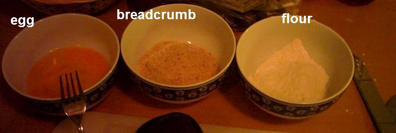 the right order would be: flour, egg, breadcrumb the right order would be: flour, egg, breadcrumb